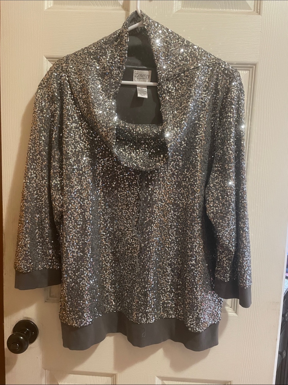 Chico's Silver Sequin Cowl-Neck Pullover